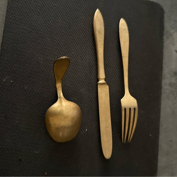 Very Old Vintage close to Antique (9 more years) Baby Knife/Fork/Spoon Brass Set - Picture 2 of 2